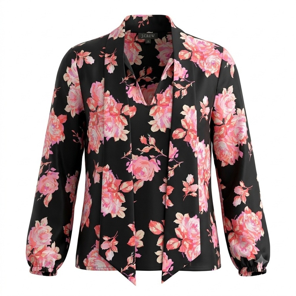 J.Crew Midnight Rose Floral Tie Neck Blouse Womens S Black Pink Long Sleeve
NWOT